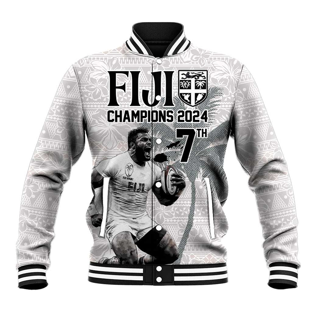 Custom Fiji Rugby Pacific Champions 2024 Baseball Jacket Anniversary 7 Titles - Fijians Rugby and Tapa Hibiscus White Art LT03 Unisex White - Polynesian Pride