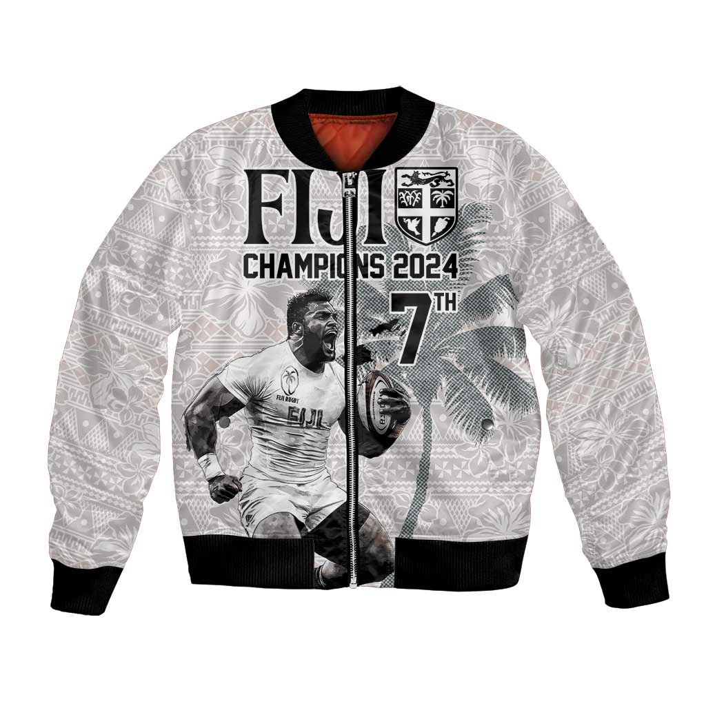 Custom Fiji Rugby Pacific Champions 2024 Bomber Jacket Anniversary 7 Titles - Fijians Rugby and Tapa Hibiscus White Art LT03 Unisex White - Polynesian Pride
