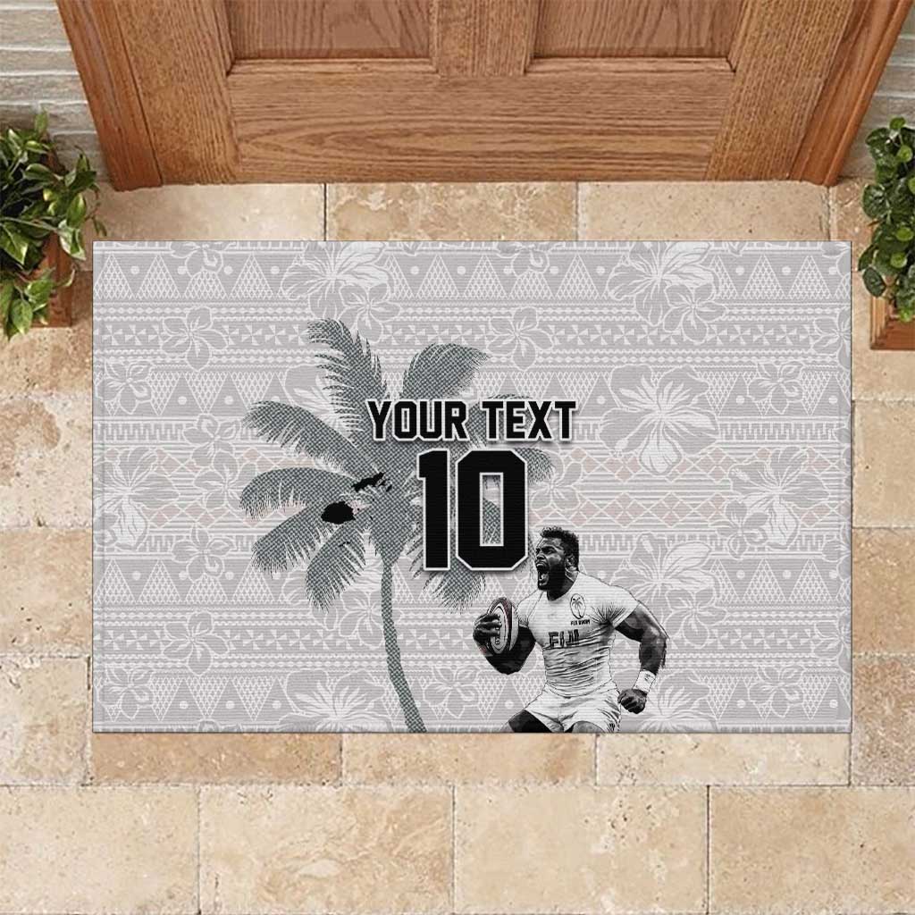 Custom Fiji Rugby Pacific Champions 2024 Rubber Doormat Anniversary 7 Titles - Fijians Rugby and Tapa Hibiscus White Art LT03 White - Polynesian Pride
