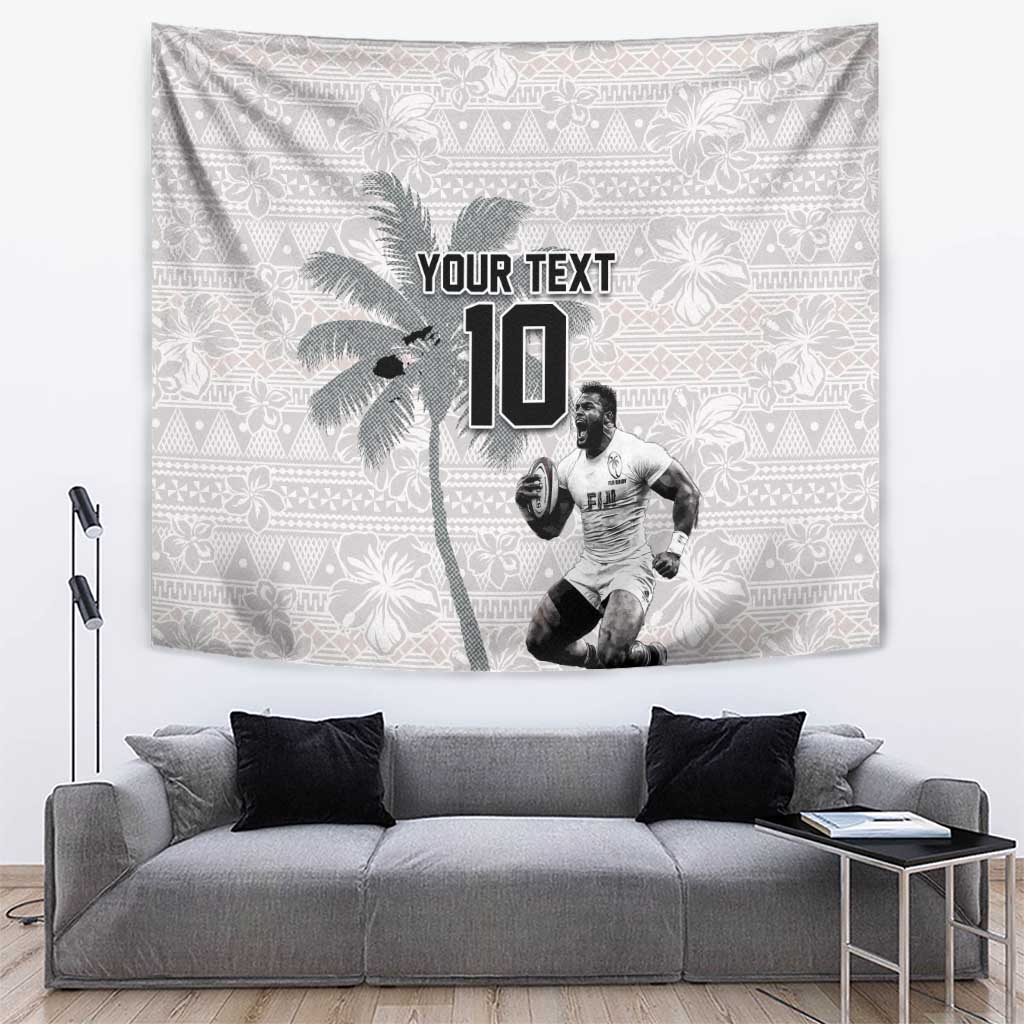 Custom Fiji Rugby Pacific Champions 2024 Tapestry Anniversary 7 Titles - Fijians Rugby and Tapa Hibiscus White Art LT03 White - Polynesian Pride