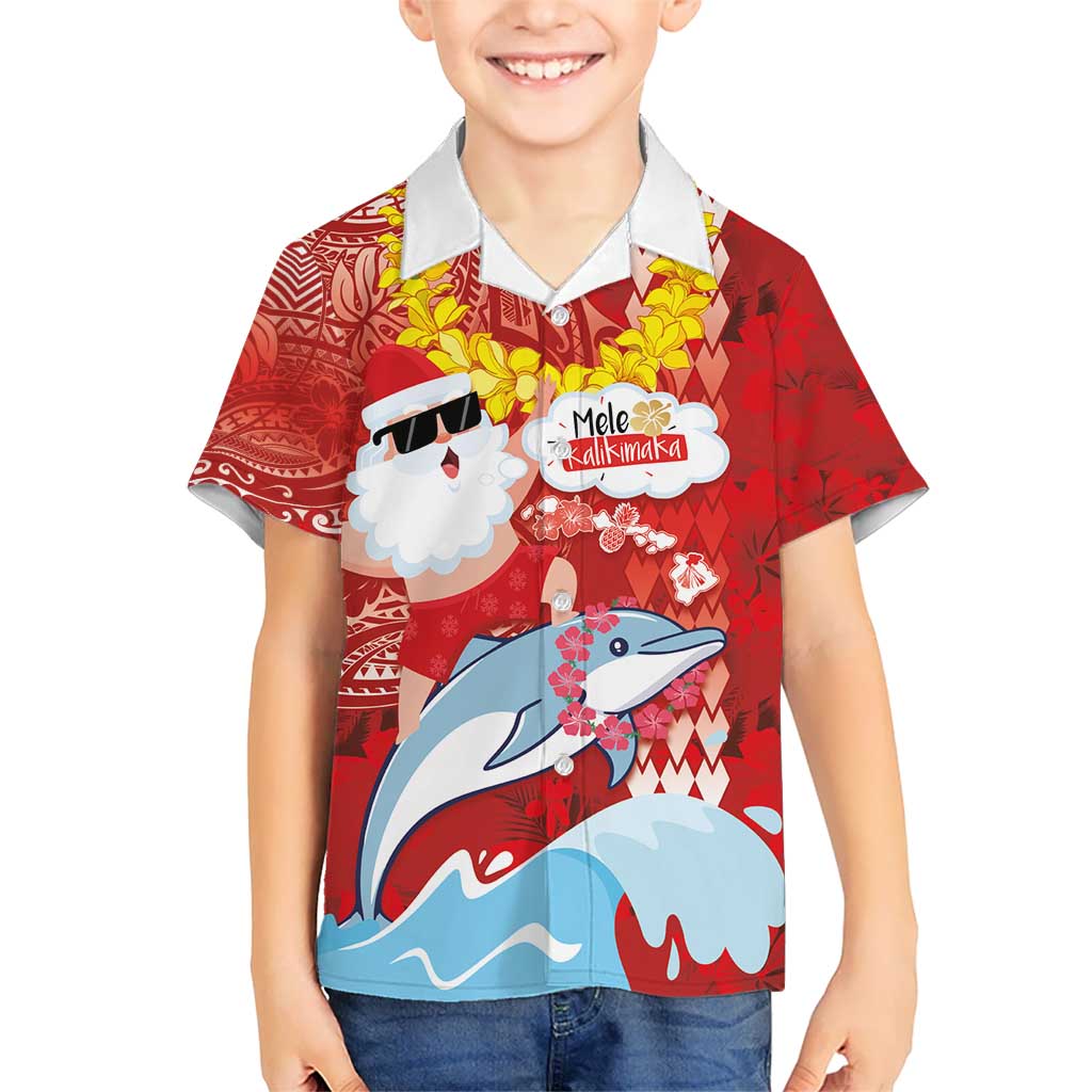 Hawaiian Mele Kalikimaka Kid Hawaiian Shirt Funny Santa Riding Lei Dolphin with Kakau Tattoos LT03 Kid Red - Polynesian Pride