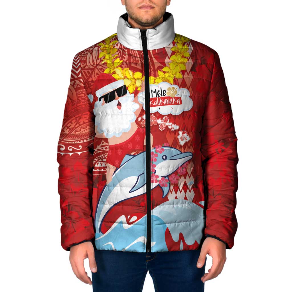 Hawaiian Mele Kalikimaka Padded Jacket Funny Santa Riding Lei Dolphin with Kakau Tattoos LT03 Men Red - Polynesian Pride