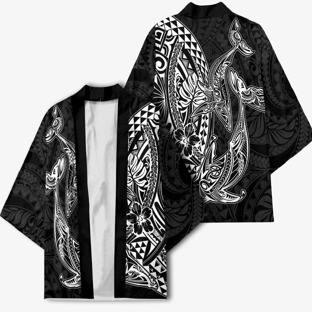 Hawaiian Whales Polynesian Art Motifs Kimono Black Color LT03 - Polynesian Pride