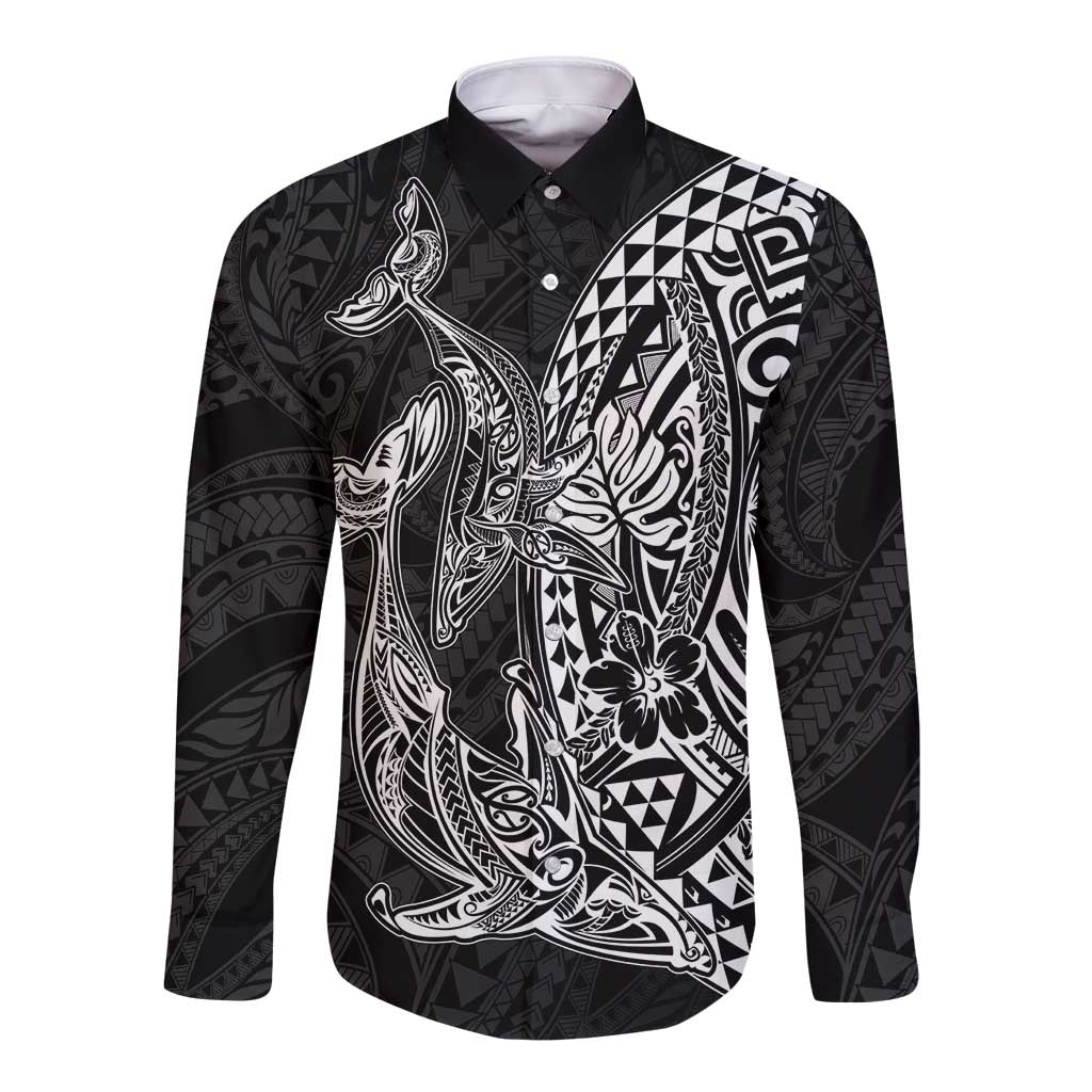 Hawaiian Whales Polynesian Art Motifs Long Sleeve Button Shirt Black Color LT03 Unisex Black - Polynesian Pride