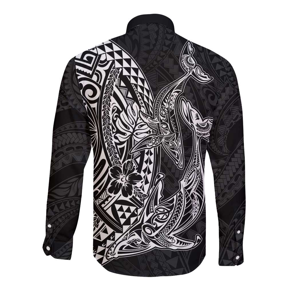 Hawaiian Whales Polynesian Art Motifs Long Sleeve Button Shirt Black Color LT03 - Polynesian Pride