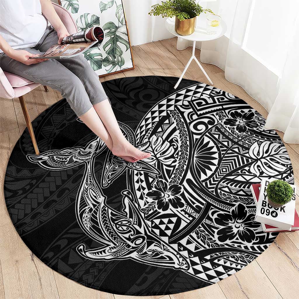 Hawaiian Whales Polynesian Art Motifs Round Carpet Black Color LT03 - Polynesian Pride