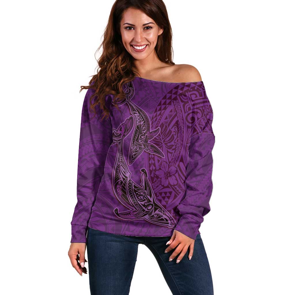 Hawaiian Whales Polynesian Art Motifs Off Shoulder Sweater Purple Color LT03 Women Purple - Polynesian Pride