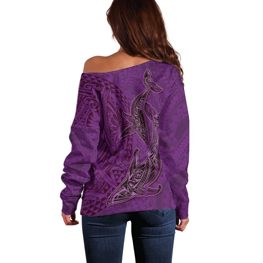 Hawaiian Whales Polynesian Art Motifs Off Shoulder Sweater Purple Color LT03 - Polynesian Pride