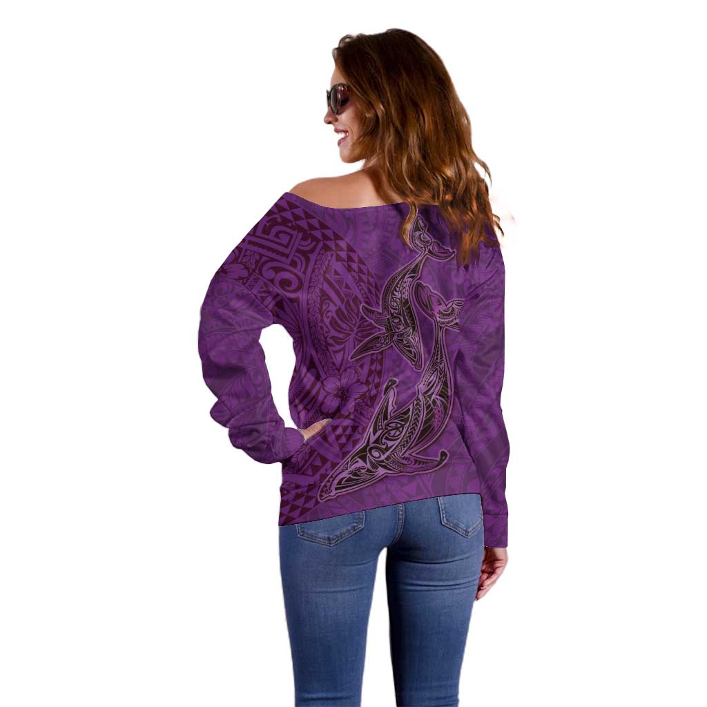 Hawaiian Whales Polynesian Art Motifs Off Shoulder Sweater Purple Color LT03 - Polynesian Pride