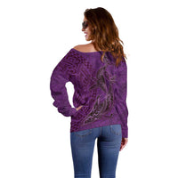 Hawaiian Whales Polynesian Art Motifs Off Shoulder Sweater Purple Color LT03 - Polynesian Pride