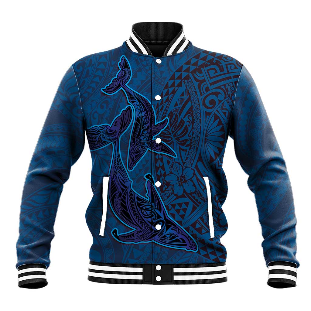 Hawaiian Whales Polynesian Art Motifs Baseball Jacket Blue Color LT03 Unisex Blue - Polynesian Pride