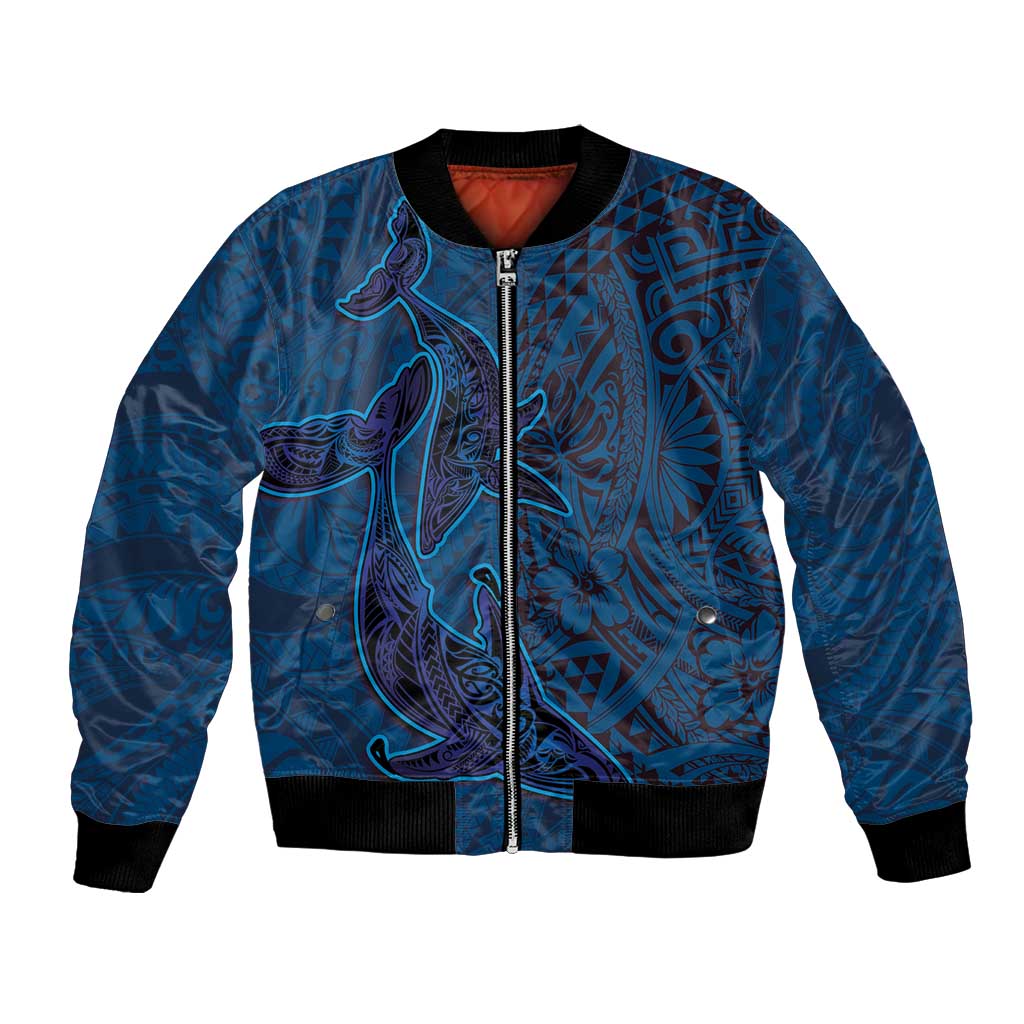 Hawaiian Whales Polynesian Art Motifs Bomber Jacket Blue Color LT03 Unisex Blue - Polynesian Pride