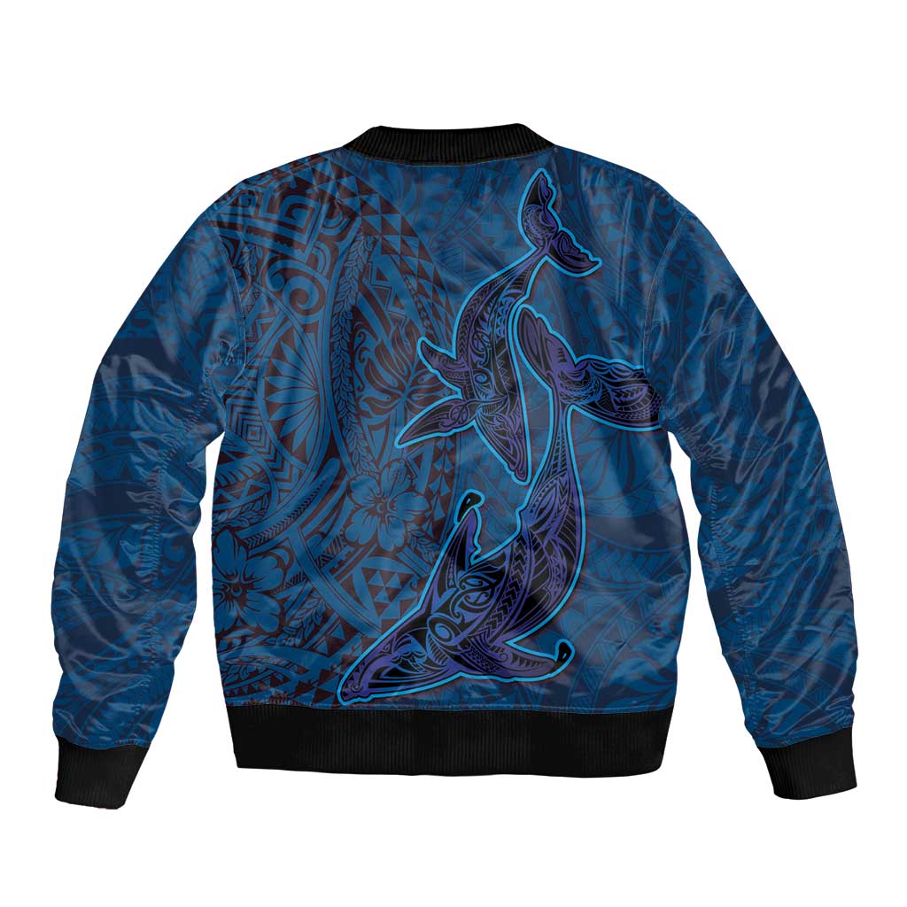 Hawaiian Whales Polynesian Art Motifs Bomber Jacket Blue Color LT03 - Polynesian Pride