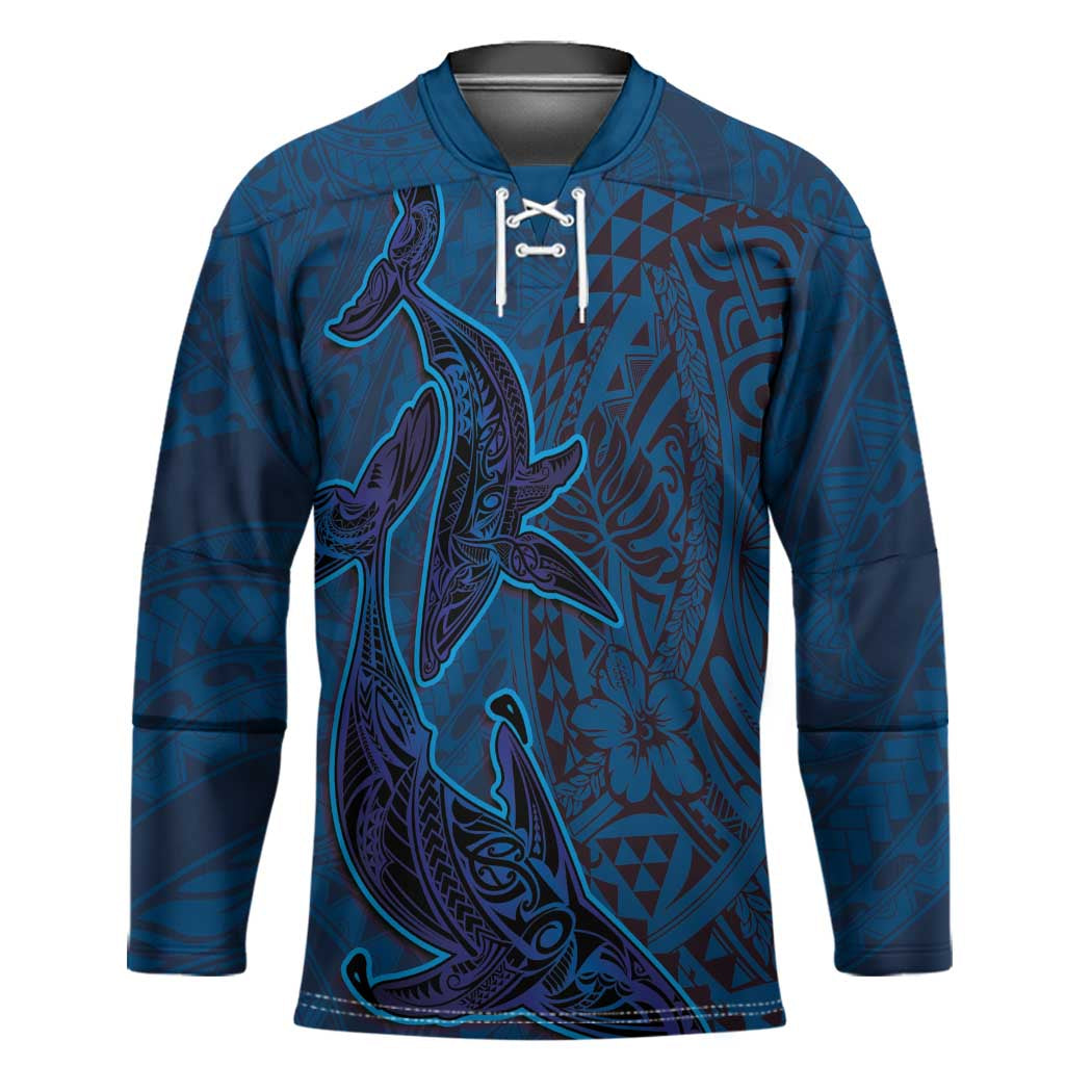 Hawaiian Whales Polynesian Art Motifs Hockey Jersey Blue Color LT03 Unisex Blue - Polynesian Pride