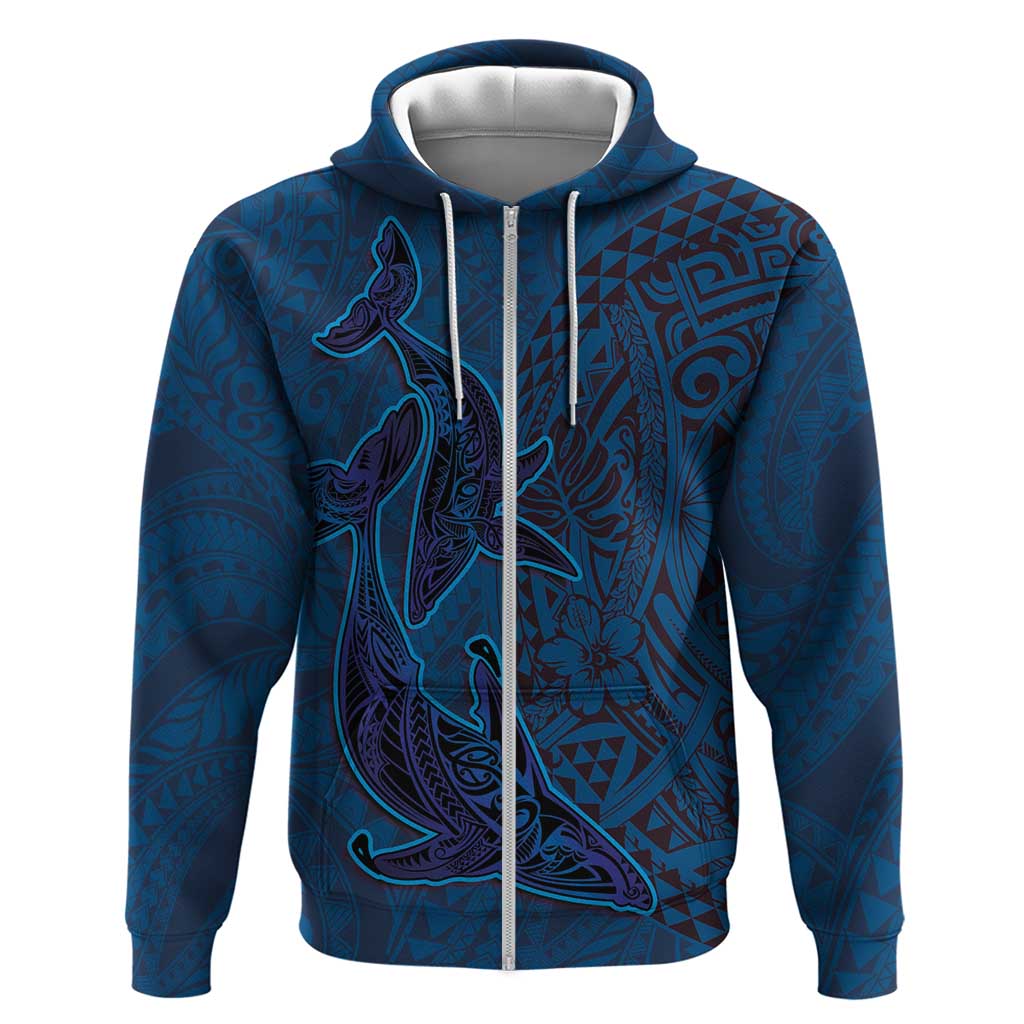 Hawaiian Whales Polynesian Art Motifs Hoodie Blue Color LT03 Zip Hoodie Blue - Polynesian Pride