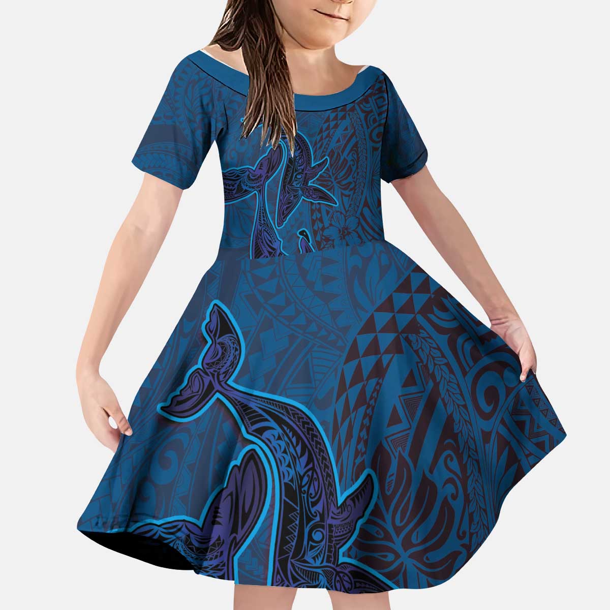 Hawaiian Whales Polynesian Art Motifs Kid Short Sleeve Dress Blue Color LT03 KID Blue - Polynesian Pride