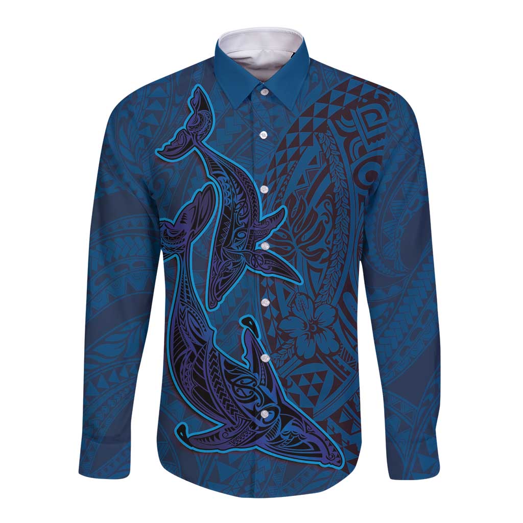 Hawaiian Whales Polynesian Art Motifs Long Sleeve Button Shirt Blue Color LT03 Unisex Blue - Polynesian Pride