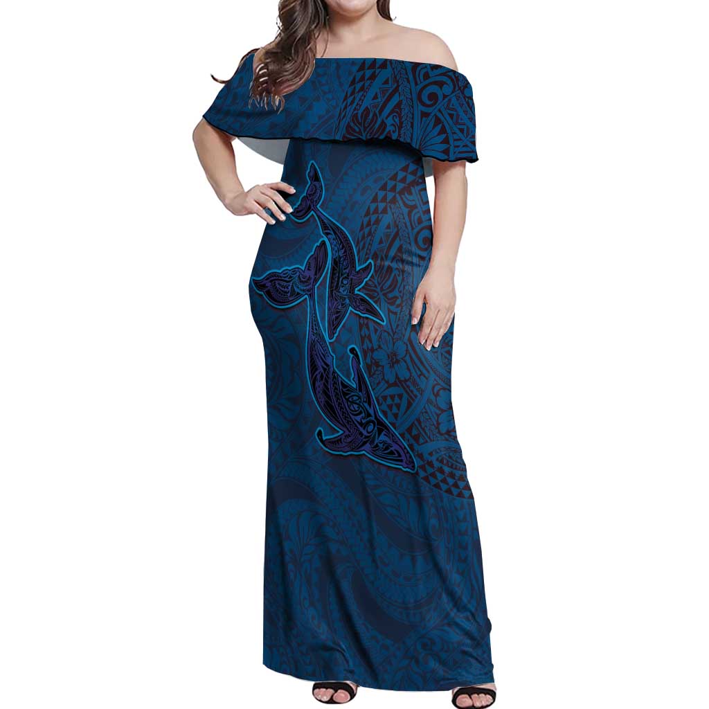 Hawaiian Whales Polynesian Art Motifs Off Shoulder Maxi Dress Blue Color LT03 Women Blue - Polynesian Pride