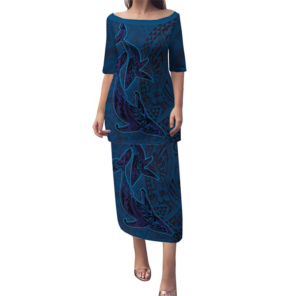 Hawaiian Whales Polynesian Art Motifs Puletasi Blue Color LT03 Long Dress Blue - Polynesian Pride