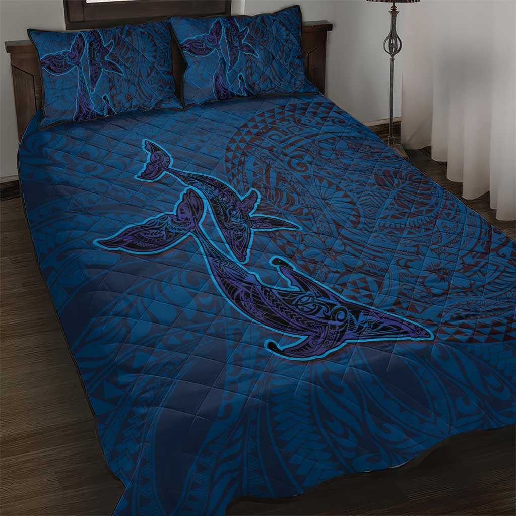 Hawaiian Whales Polynesian Art Motifs Quilt Bed Set Blue Color LT03 Blue - Polynesian Pride