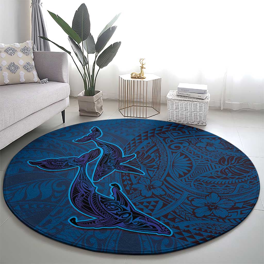 Hawaiian Whales Polynesian Art Motifs Round Carpet Blue Color LT03 - Polynesian Pride