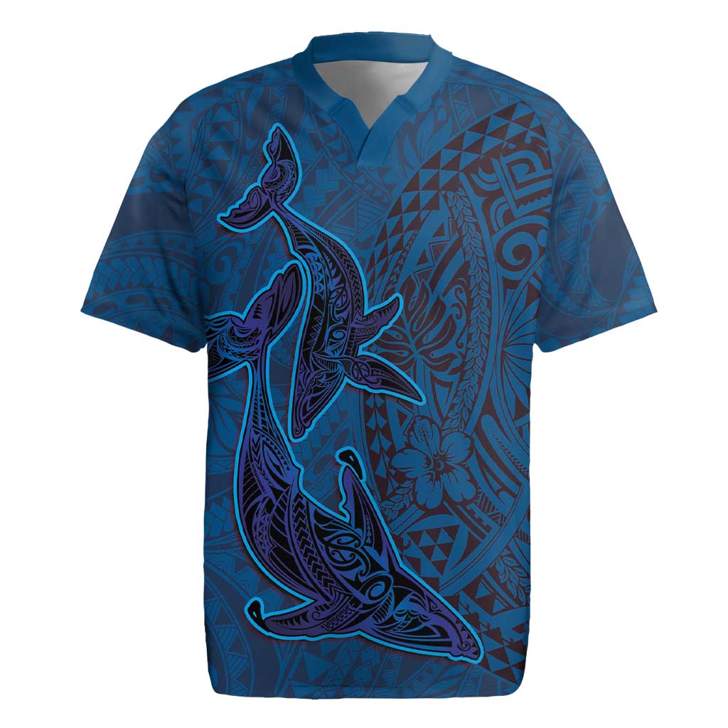 Hawaiian Whales Polynesian Art Motifs Rugby Jersey Blue Color LT03 Blue - Polynesian Pride