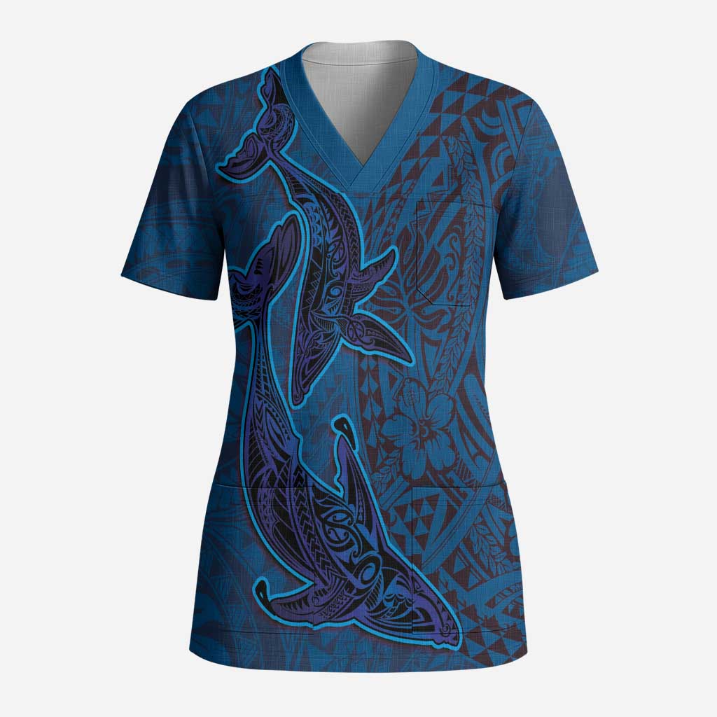 Hawaiian Whales Polynesian Art Motifs Scrub Top Blue Color LT03 Adult Blue - Polynesian Pride