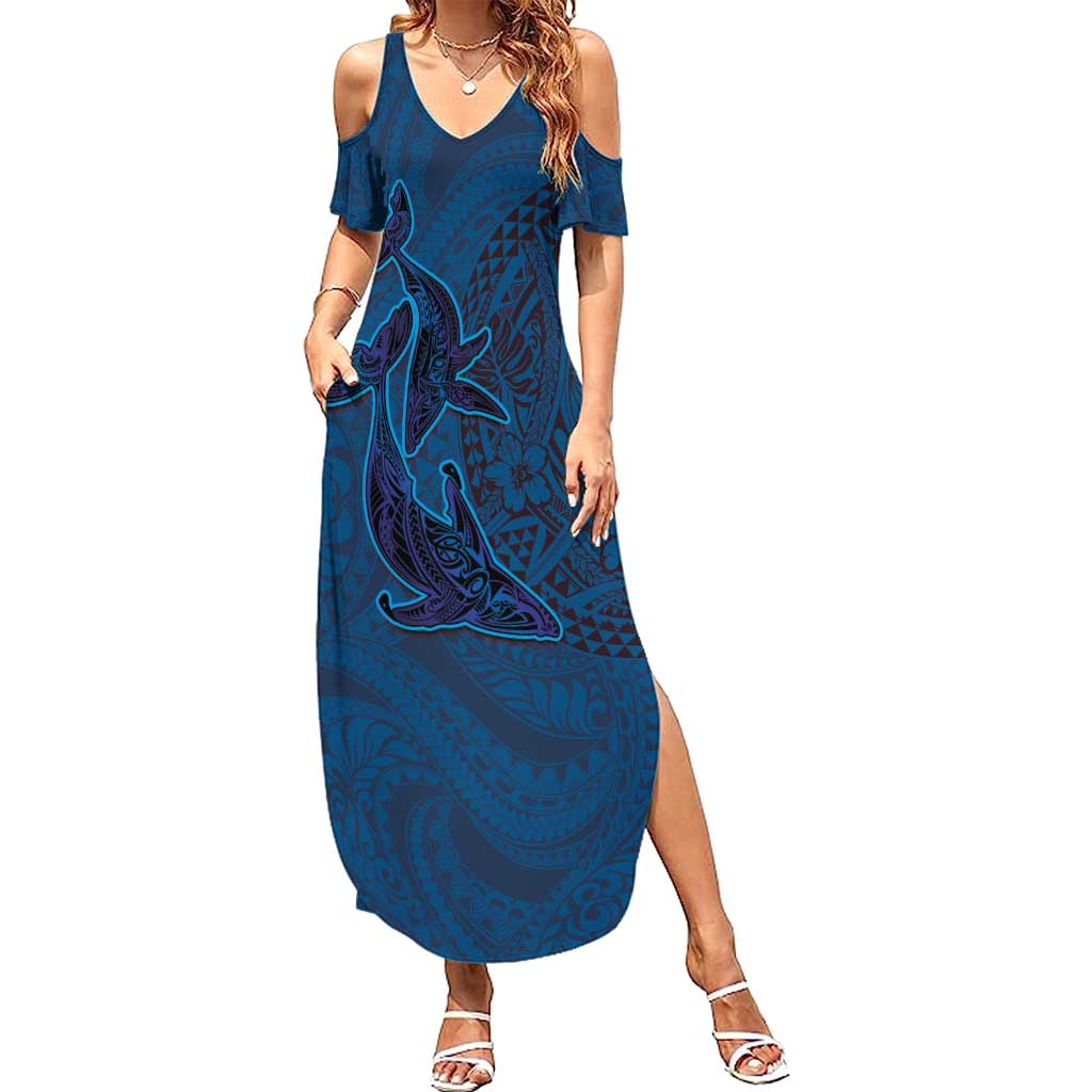 Hawaiian Whales Polynesian Art Motifs Summer Maxi Dress Blue Color LT03 Women Blue - Polynesian Pride