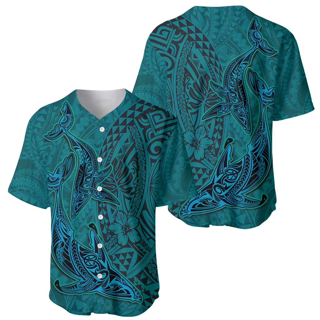Hawaiian Whales Polynesian Art Motifs Baseball Jersey Turquoise Color LT03 - Polynesian Pride