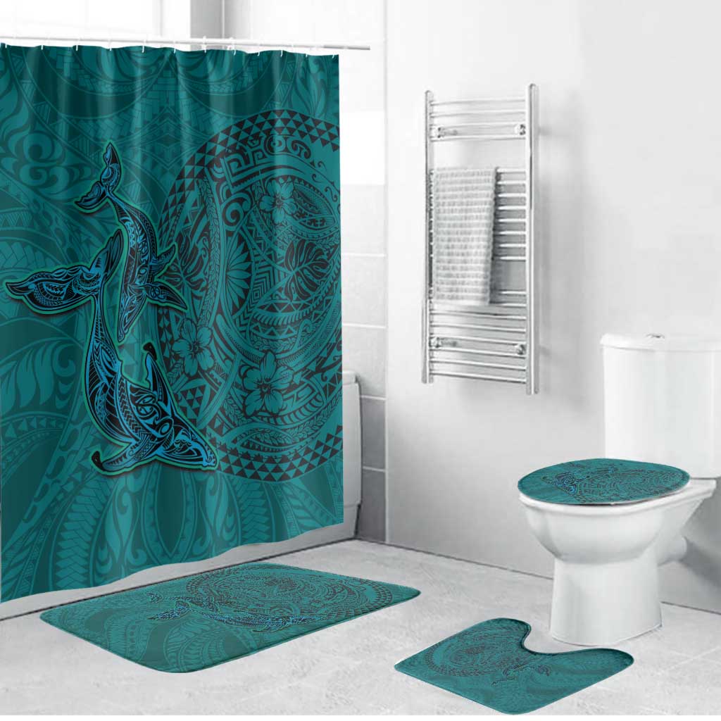 Hawaiian Whales Polynesian Art Motifs Bathroom Set Turquoise Color LT03 Bathroom Set (4 pcs) Turquoise - Polynesian Pride