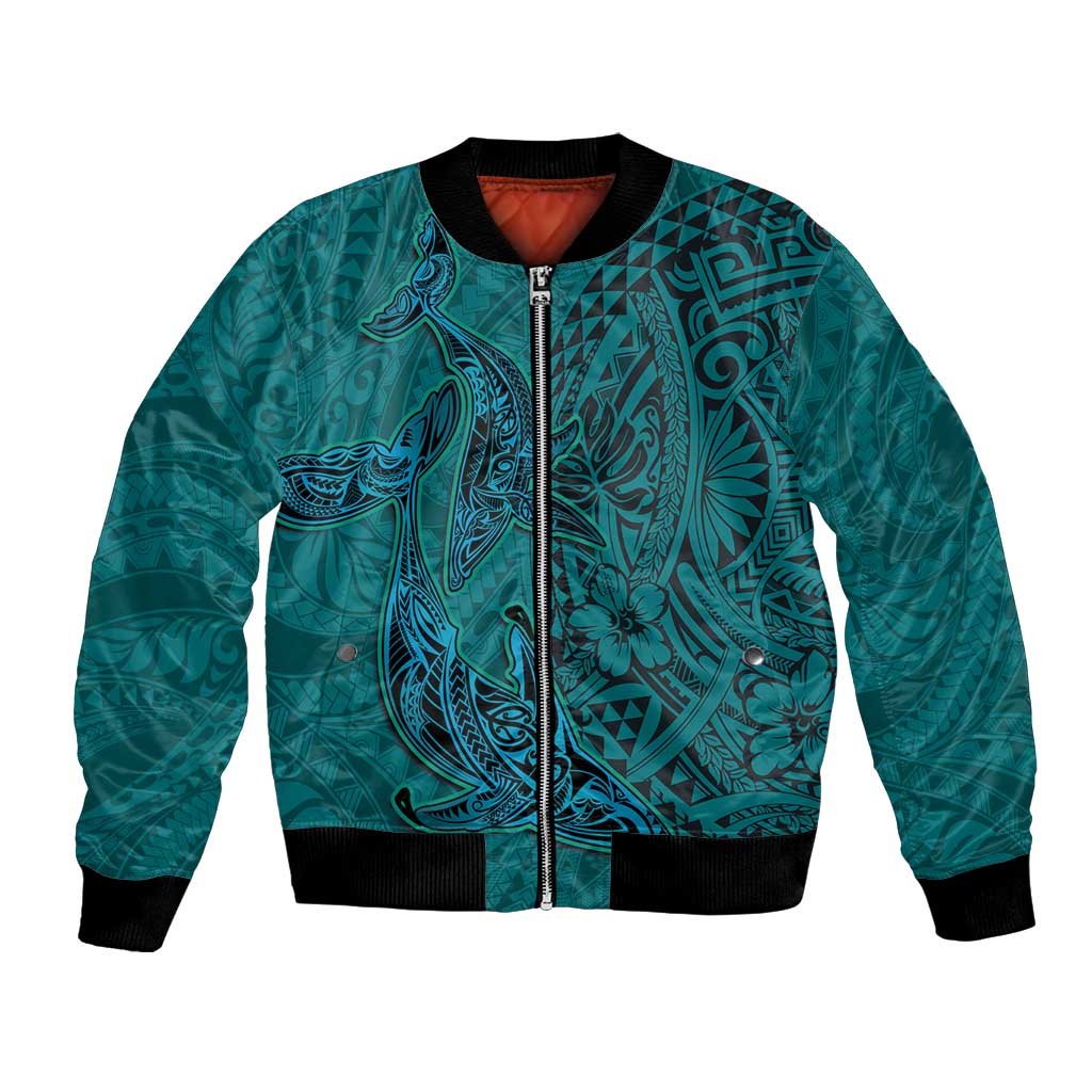 Hawaiian Whales Polynesian Art Motifs Bomber Jacket Turquoise Color LT03 Unisex Turquoise - Polynesian Pride