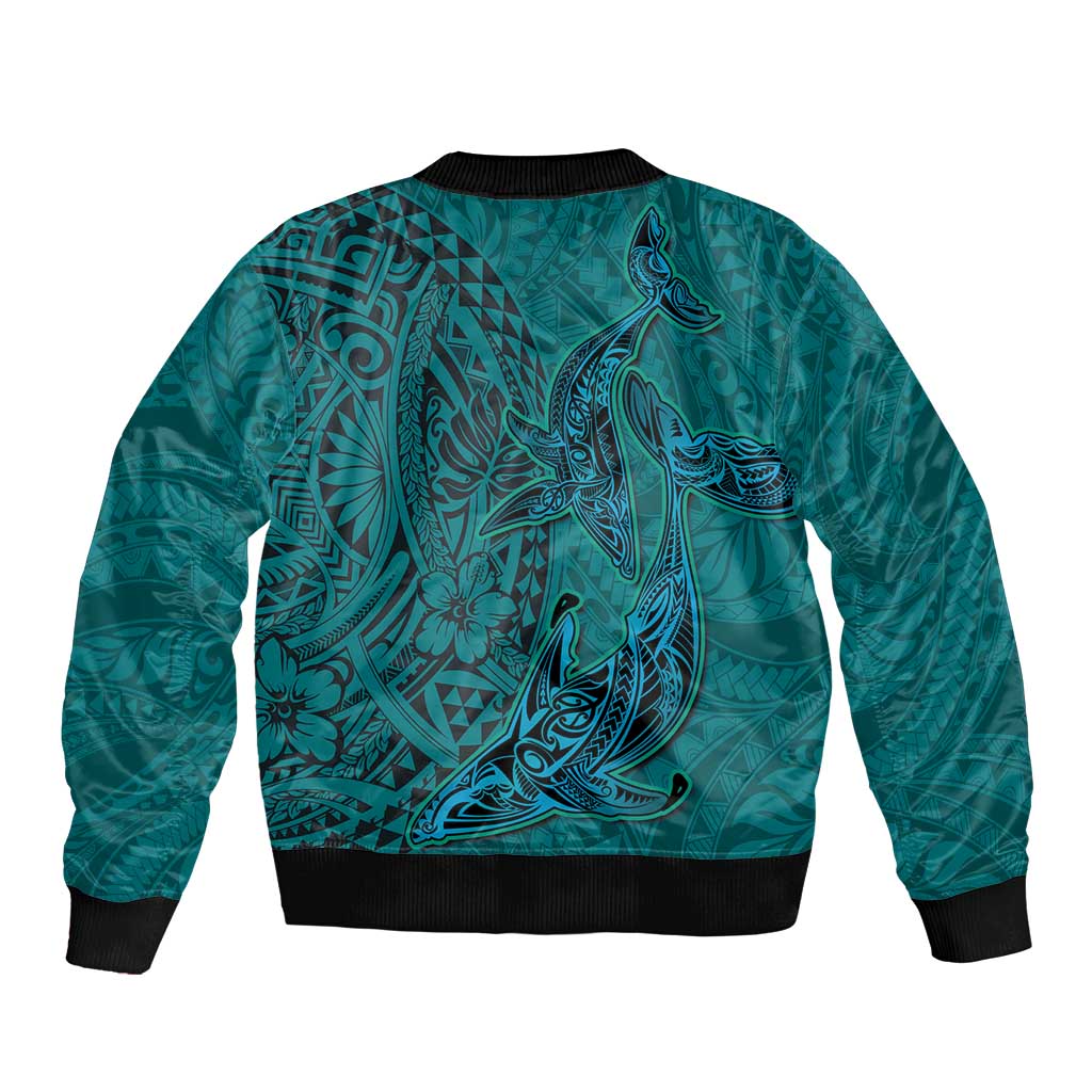 Hawaiian Whales Polynesian Art Motifs Bomber Jacket Turquoise Color LT03 - Polynesian Pride