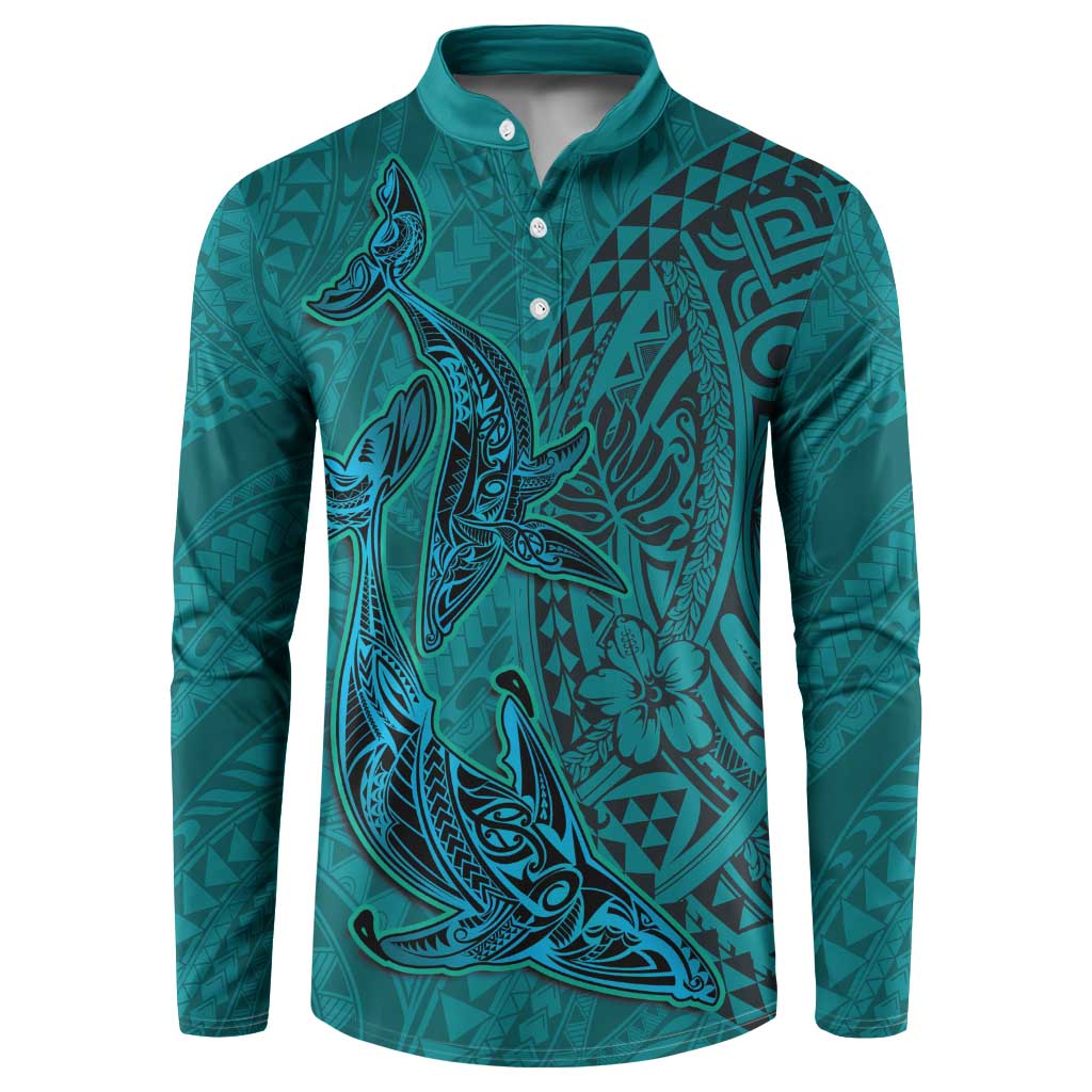 Hawaiian Whales Polynesian Art Motifs Button Sweatshirt Turquoise Color LT03 Turquoise - Polynesian Pride