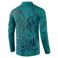 Hawaiian Whales Polynesian Art Motifs Button Sweatshirt Turquoise Color LT03 - Polynesian Pride