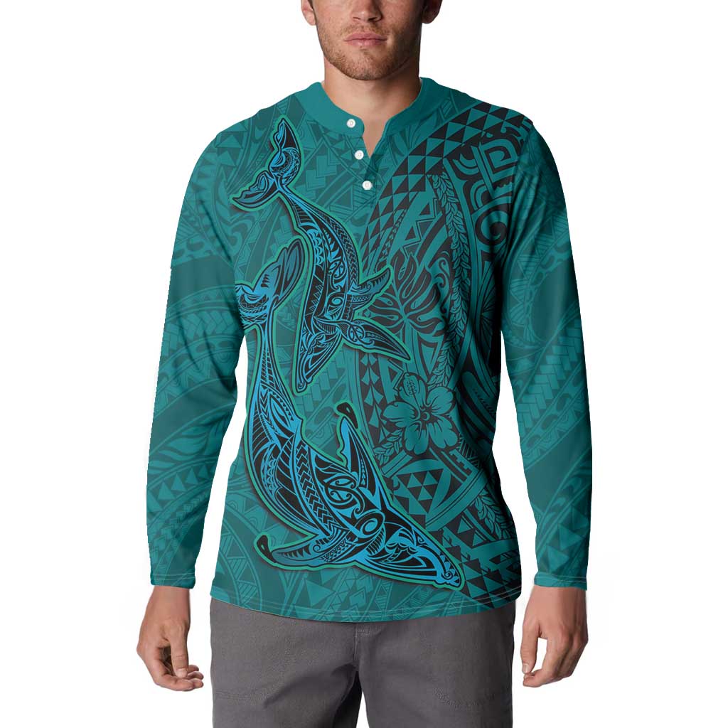 Hawaiian Whales Polynesian Art Motifs Button Sweatshirt Turquoise Color LT03 - Polynesian Pride