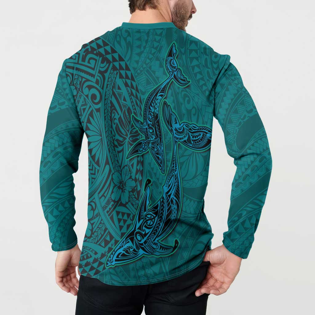 Hawaiian Whales Polynesian Art Motifs Button Sweatshirt Turquoise Color LT03 - Polynesian Pride