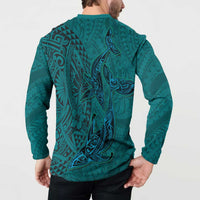 Hawaiian Whales Polynesian Art Motifs Button Sweatshirt Turquoise Color LT03 - Polynesian Pride