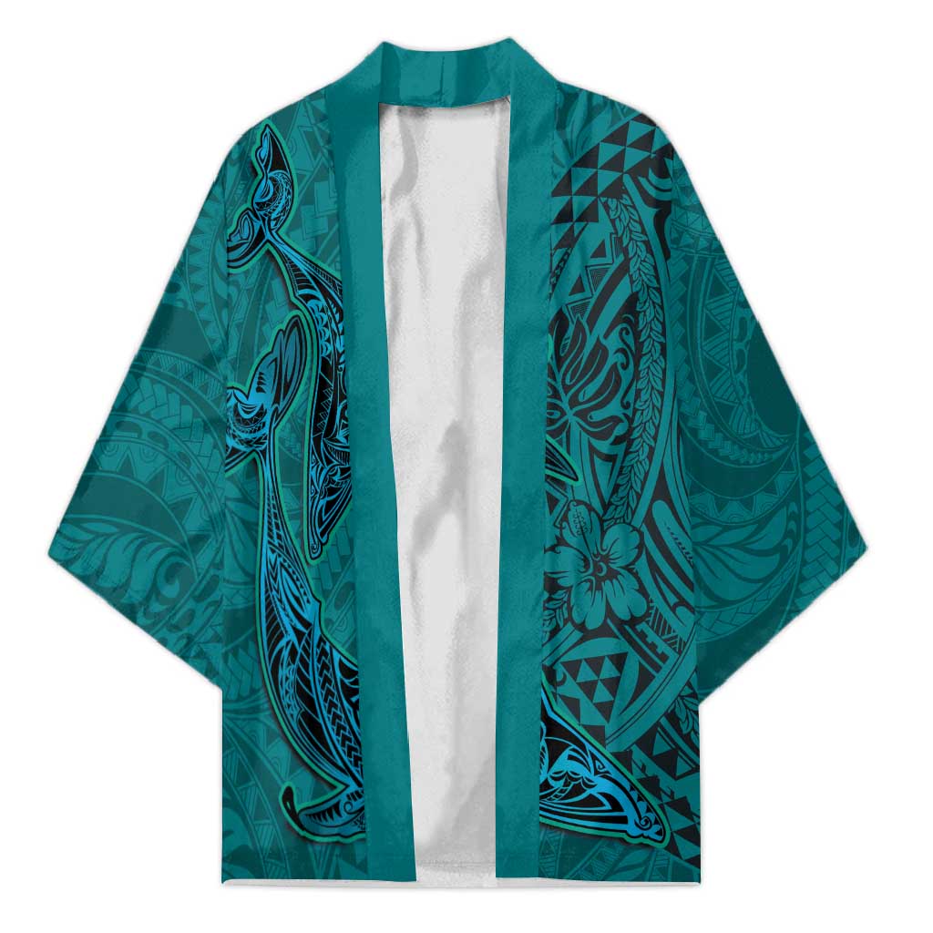 Hawaiian Whales Polynesian Art Motifs Kimono Turquoise Color LT03 Unisex Turquoise - Polynesian Pride