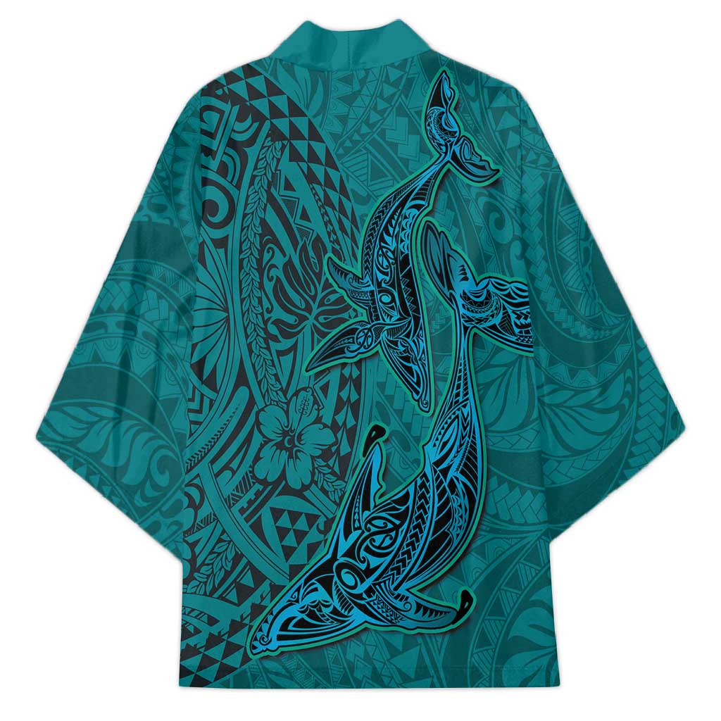 Hawaiian Whales Polynesian Art Motifs Kimono Turquoise Color LT03 - Polynesian Pride