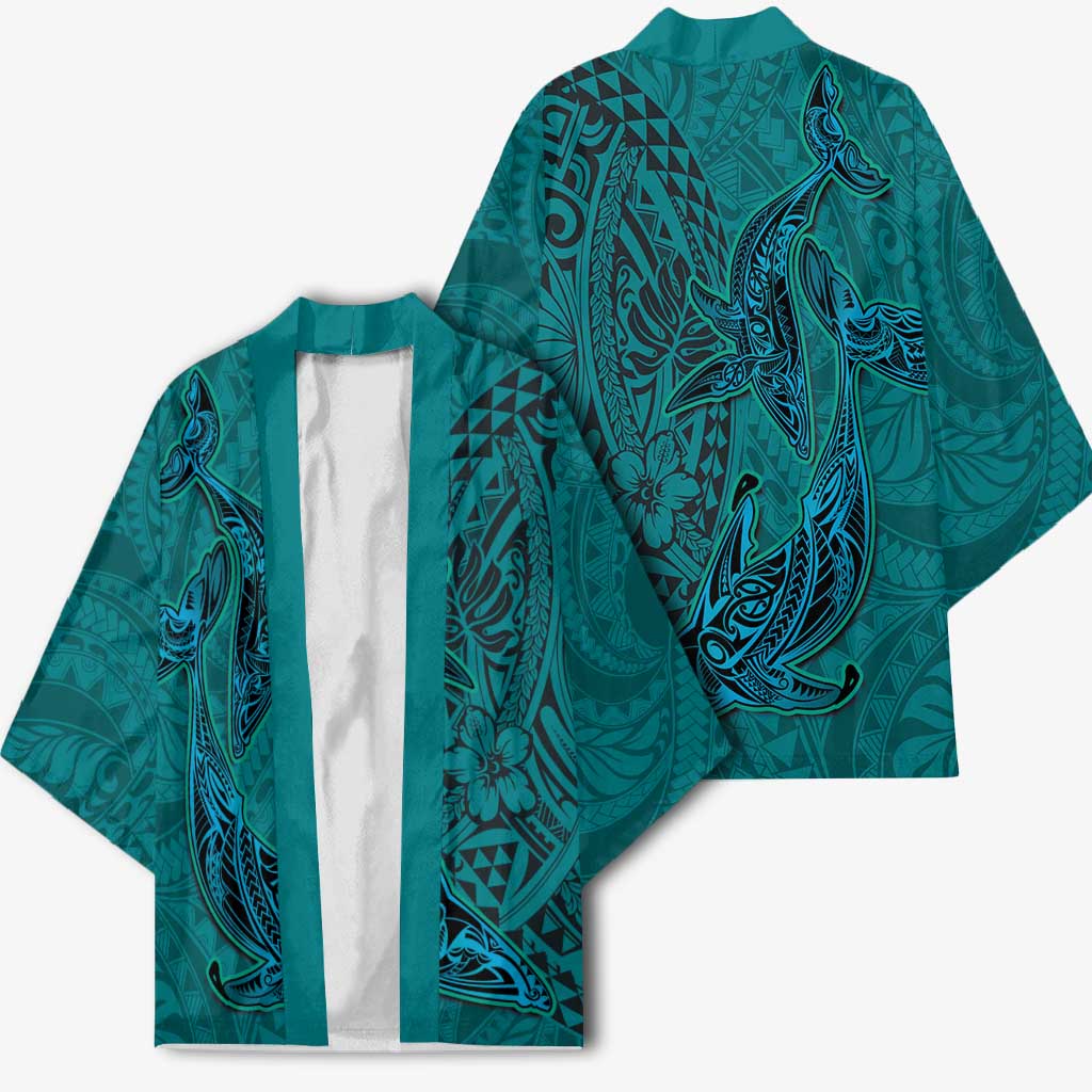 Hawaiian Whales Polynesian Art Motifs Kimono Turquoise Color LT03 - Polynesian Pride
