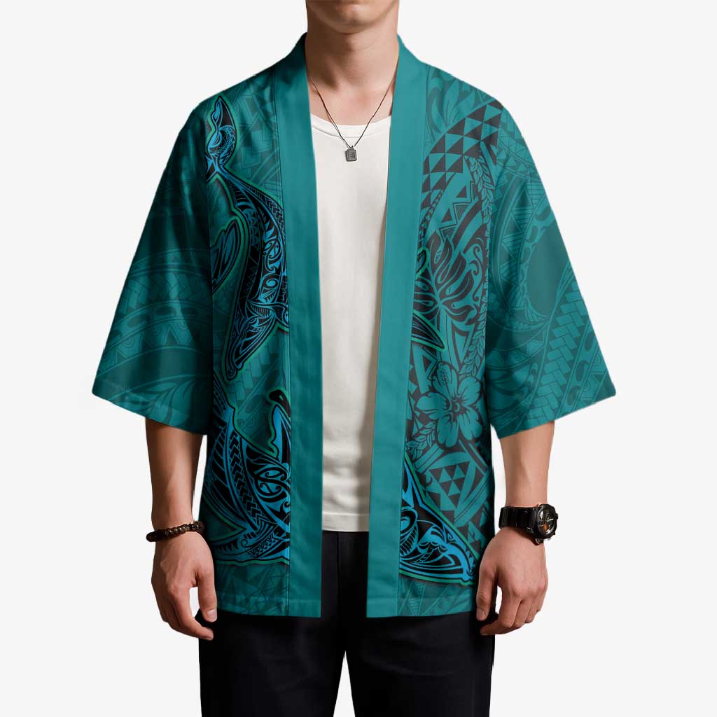 Hawaiian Whales Polynesian Art Motifs Kimono Turquoise Color LT03 - Polynesian Pride