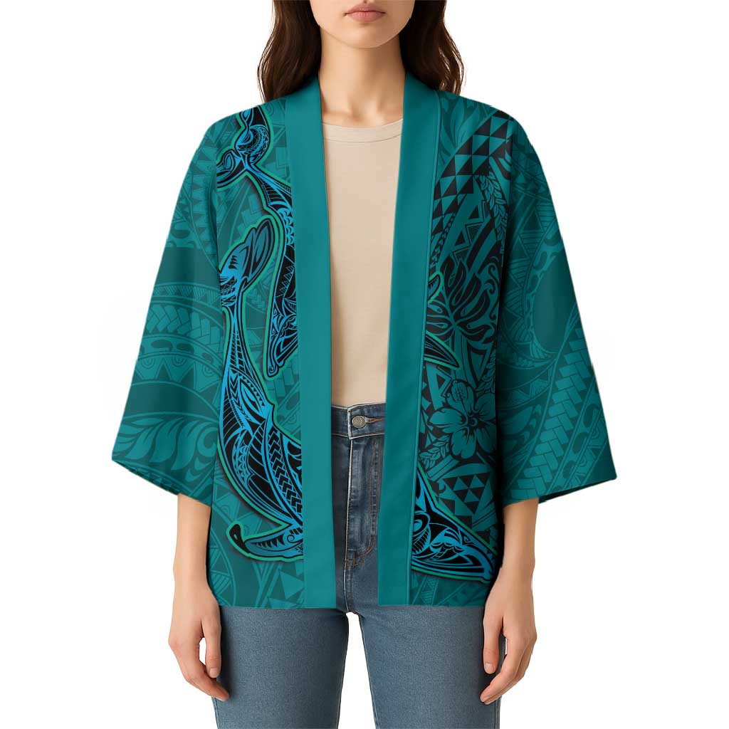 Hawaiian Whales Polynesian Art Motifs Kimono Turquoise Color LT03 - Polynesian Pride