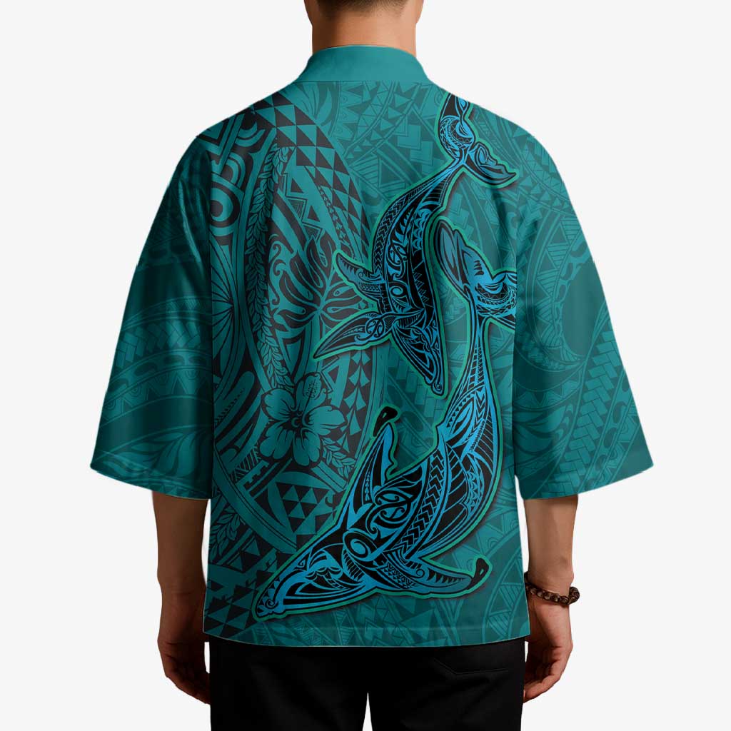 Hawaiian Whales Polynesian Art Motifs Kimono Turquoise Color LT03 - Polynesian Pride