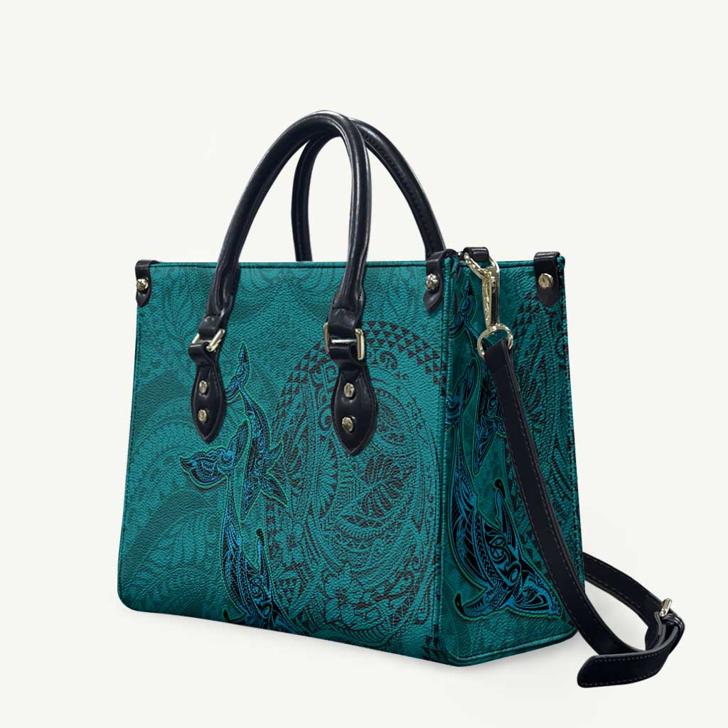 Hawaiian Whales Polynesian Art Motifs Leather Bag Turquoise Color LT03 Turquoise - Polynesian Pride