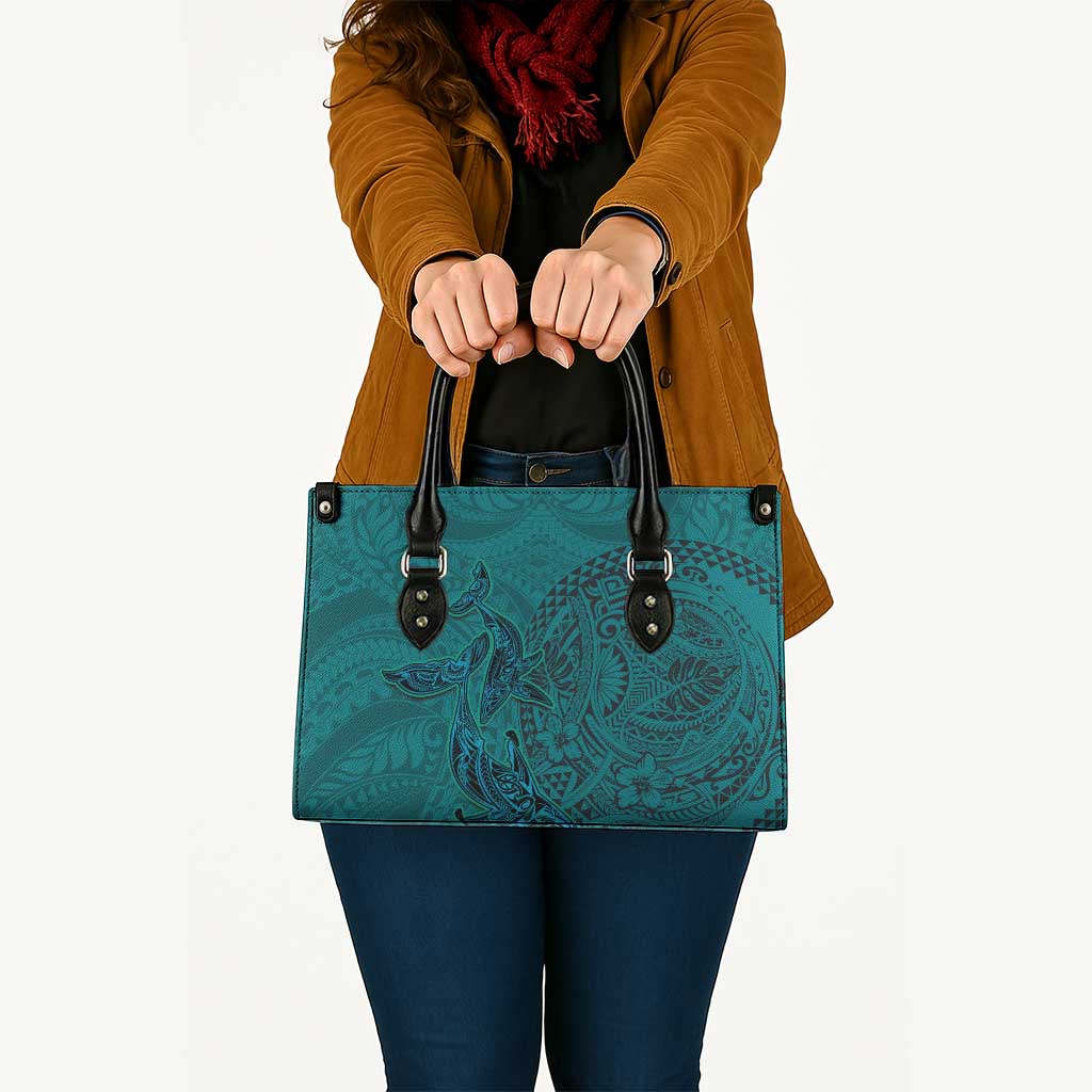 Hawaiian Whales Polynesian Art Motifs Leather Bag Turquoise Color LT03 - Polynesian Pride