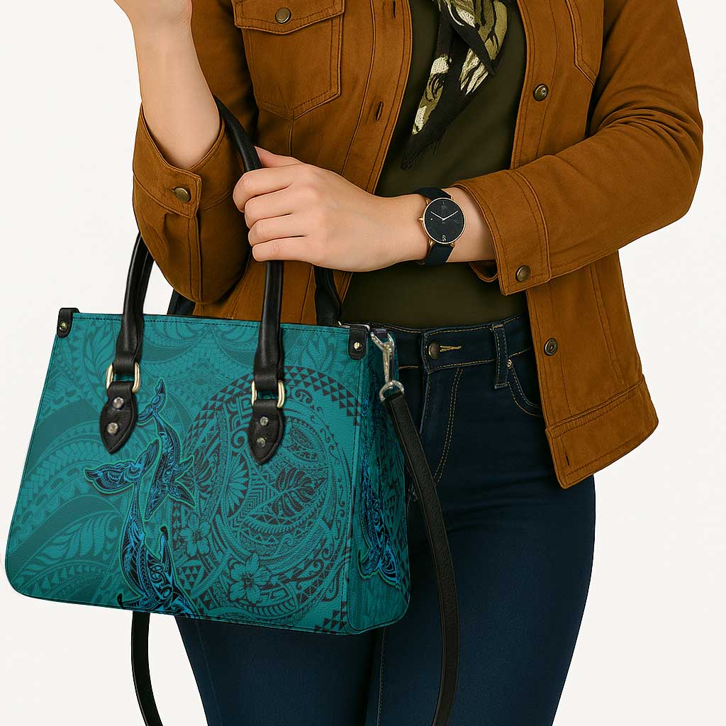 Hawaiian Whales Polynesian Art Motifs Leather Bag Turquoise Color LT03 - Polynesian Pride