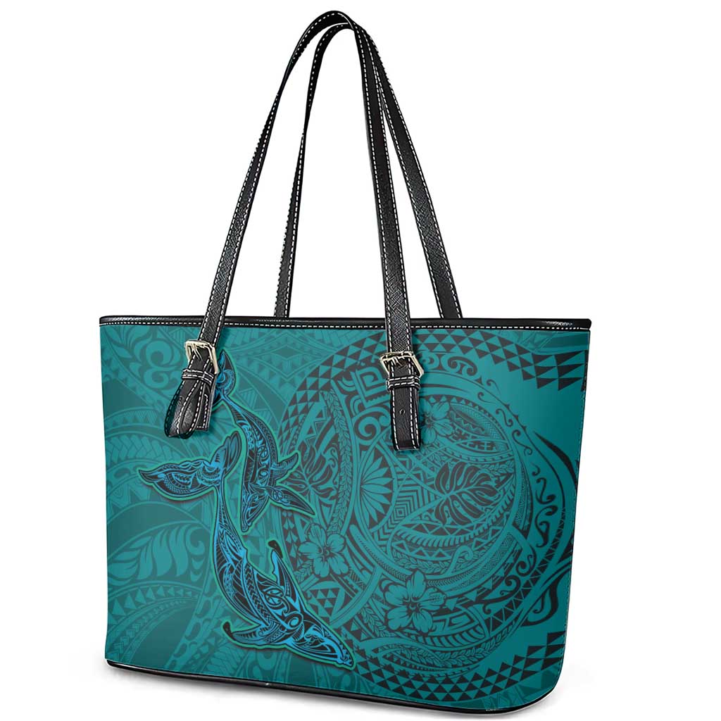 Hawaiian Whales Polynesian Art Motifs Leather Tote Bag Turquoise Color LT03 - Polynesian Pride