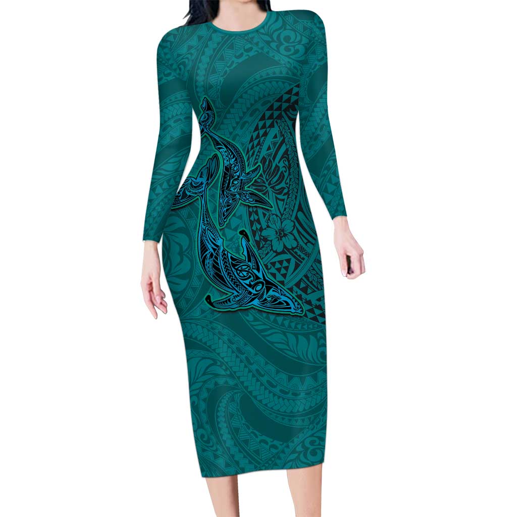 Hawaiian Whales Polynesian Art Motifs Long Sleeve Bodycon Dress Turquoise Color LT03 Long Dress Turquoise - Polynesian Pride