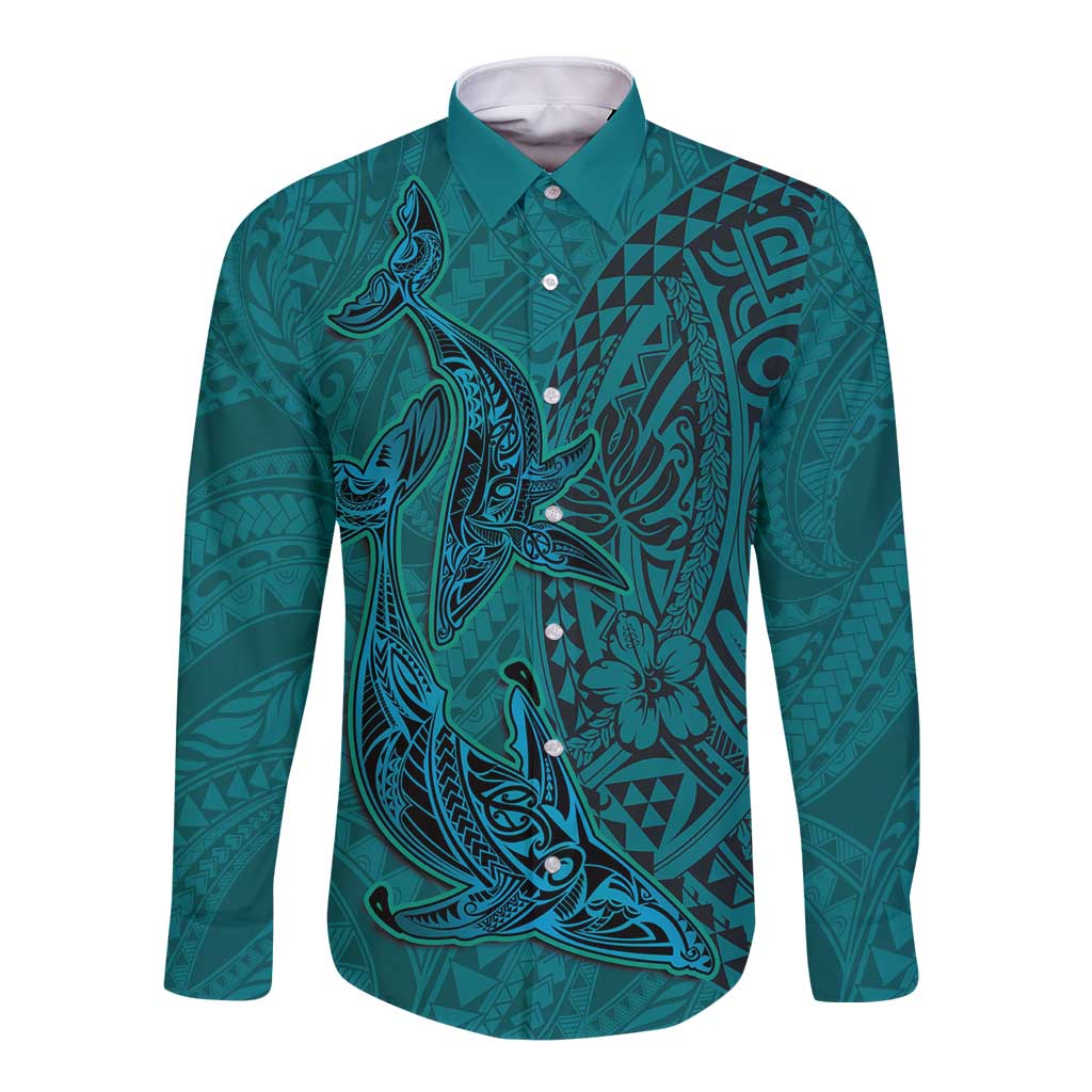 Hawaiian Whales Polynesian Art Motifs Long Sleeve Button Shirt Turquoise Color LT03 Unisex Turquoise - Polynesian Pride