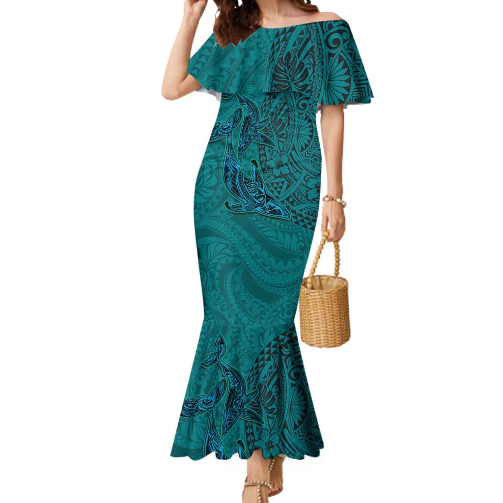 Hawaiian Whales Polynesian Art Motifs Mermaid Dress Turquoise Color LT03 Women Turquoise - Polynesian Pride